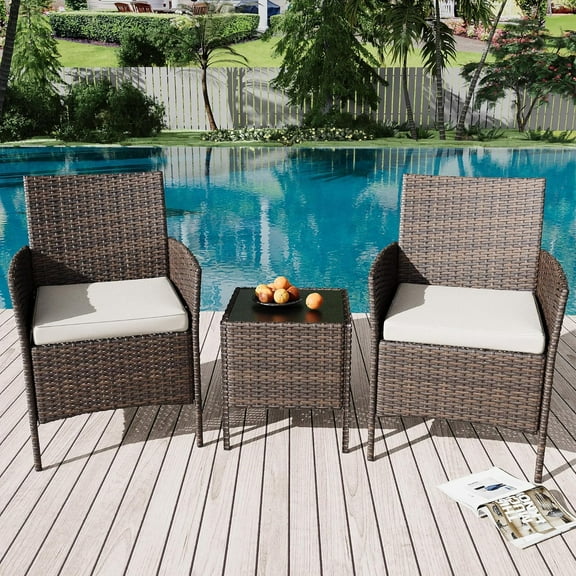 Garvee 3 Piece Patio Set, PE Rattan Patio Conversation Set with 2 Chairs and 1 Coffee Table, Outdoor Patio Furniture Set for Patio Front Porch Balcony Bistro, Brown and Beige