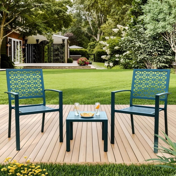 Garvee 3 Piece Patio Bistro Set, Iron Art Outdoor Bistro Table and Chairs Set of 2, Stackable Patio Dining Set, Outdoor Furniture Set for Patio, Balcony, Porch, Blue
