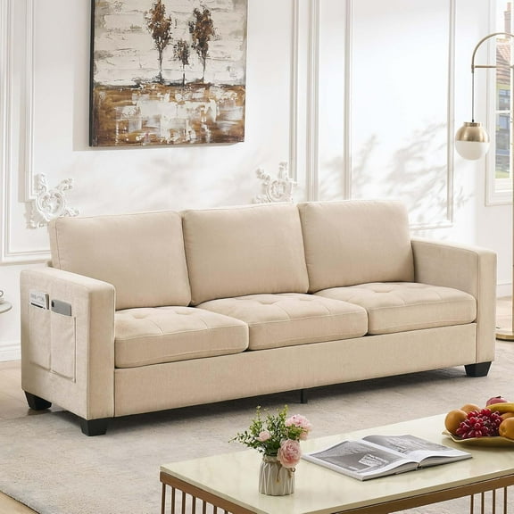Garvee 3 Seat Sofa Couch, 89'' Chenille Fabric Upholstered Sofa with Wide Armrest and Removable Headrest, Comfy Couches with Side Storage Pockets (Beige)