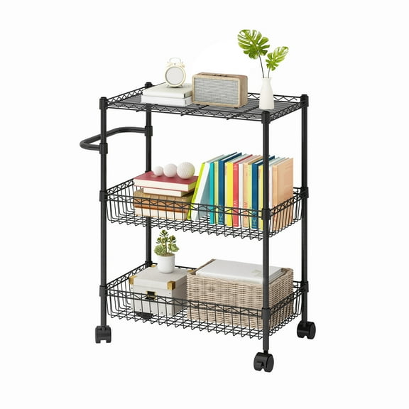 Garvee 3 Tier Kitchen Storage Cart, 110 Lb Capacity, Rolling Metal Utility Cart with Adjustable Wire Baskets & Shelf, Mobile Vegetable Basket with Wheels, for Garage Bathroom Laundry