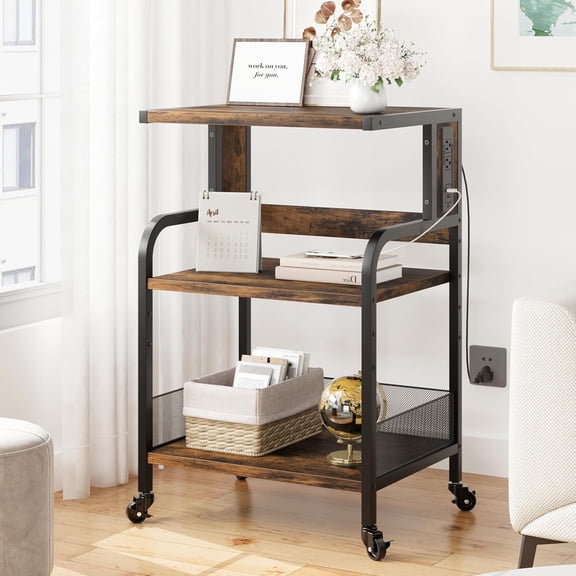 Garvee 3-Tier Large Printer Stand with Power Outlets & USB Port, Industrial Rolling Printer Cart with Heavy Duty Metal Frame & Adjustable Shelf & Storage & Lockable Wheels for Home , Retro Brown