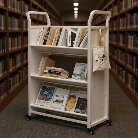 Garvee 3-Tier Rolling Book Cart on Wheels, V-Shaped Storage Bookshelf with Side Hooks for Library, School, Home, White
