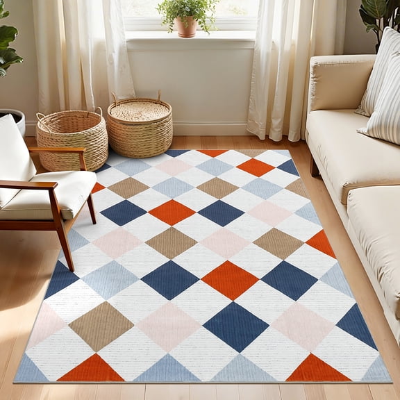 Garvee 3'x5' Modern Checkered Area Rug Washable Rug, Soft Low Pile Non Slip Diamond Carpet Plaid Print Rug for Living Room Bedroom Dining Room, Colorful