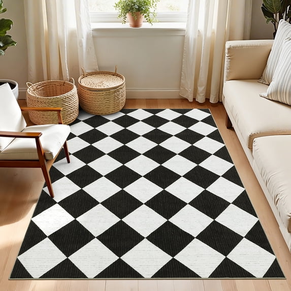 Garvee 3'x5' Modern Checkered Area Rug Washable Rug, Soft Low Pile Non Slip Diamond Carpet Plaid Print Rug for Living Room Bedroom Dining Room, Black
