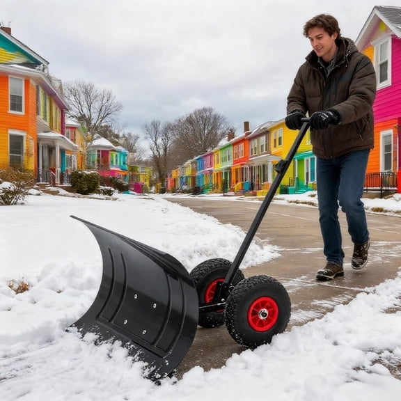 Garvee 30" Heavy Duty Steel Snow Shovel Pusher with Wheels, Adjustable Handle & Angled Blade, Wide Rolling Snow Plow for Driveway, Sidewalk, Pavement
