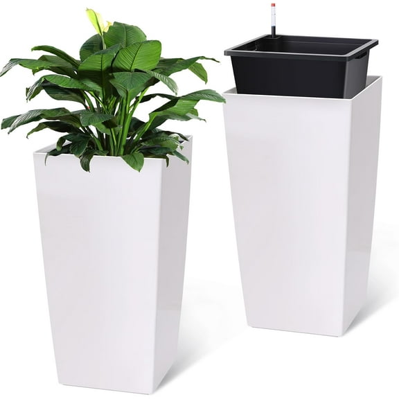 Garvee 30" Tall Planters Set of 2, Outdoor&Indoor Black Planter Pots, High Front Porch Planter Pots with Drainage Holes&Water Level Monitor Movable Wheels &Inner Bucket, Automatic Watering,White
