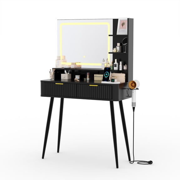 Garvee 31 in Small Makeup Vanity Desk, Mid Century Modern Vanity Table with Mirror and Lights, Dressing Table with Storage Cabinet & 2 Drawers & 3 Color Modes for Bedroom Women Girls, Black
