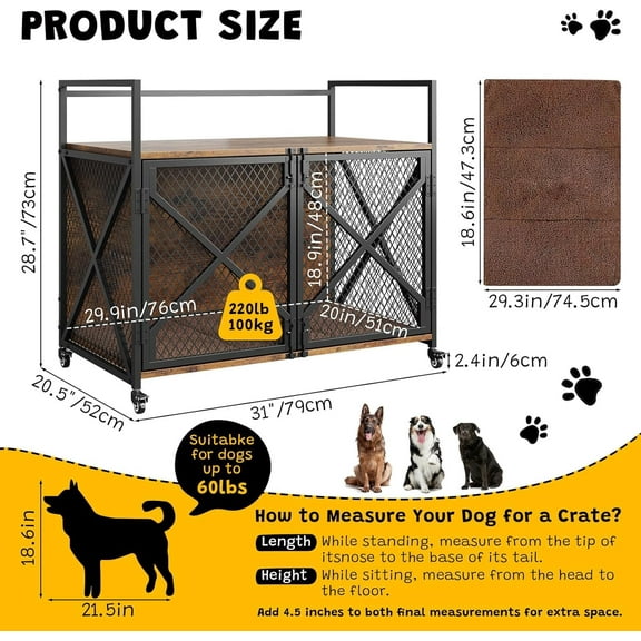 Garvee 31in Dog Crate Furniture, Rustic Brown Heavy Duty Wooden Dog Kennel with Lockable 360° Wheels, Double Door Pet Cage End Table for Small, Medium & Large Dogs