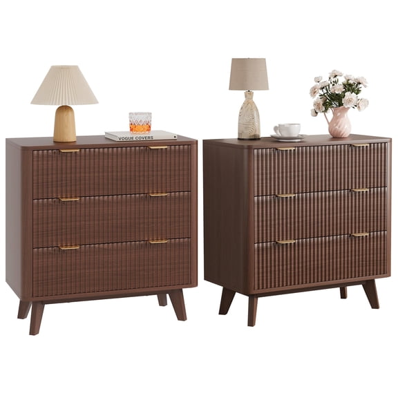 Garvee 32" Width Fluted Nightstand Set of 2, Modern 3 Drawer Bedside Table with Faux Marble Top, Wood Chest of Bedside Table with Curved Profile, End Table for Bedroom, Living Room, Hallway