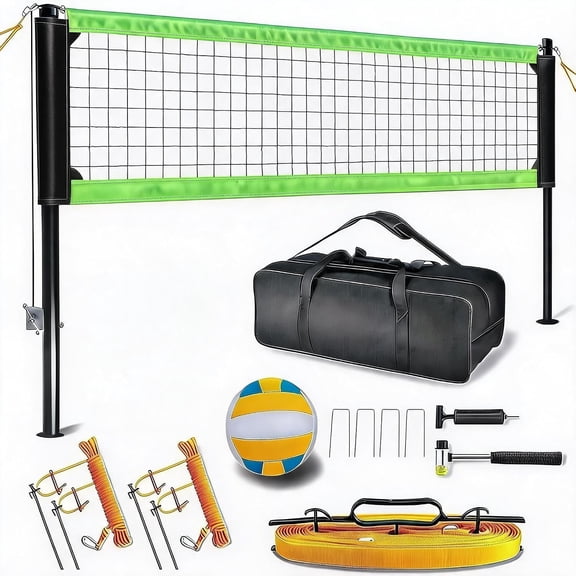 Garvee 32FT Badminton Volleyball Net Set, Portable Outdoor Game Kit with Rackets, Shuttlecocks, Boundary Lines & Carry Bag, Green