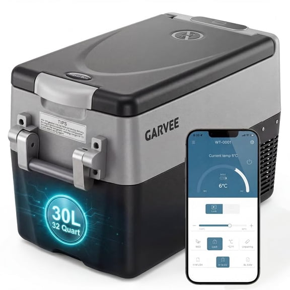 Garvee 32QT 12V Dual Zone Car Refrigerator Freezer – Portable Vehicle Cooler with App Control, Metal Basket, AC/DC Power – Ideal for Camping, RV, Truck, Fishing, Travel, Home – Metal Basket + APP