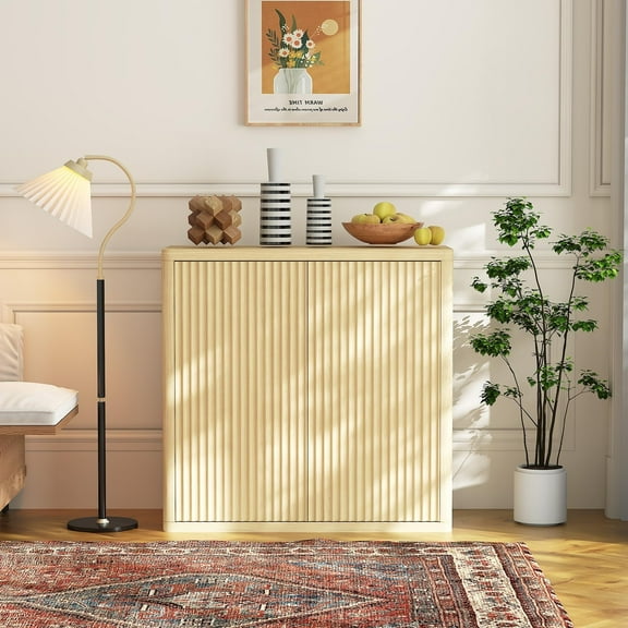 Garvee 34.6" Fluted Oak Buffet Cabinet Sideboard with Storage, Modern Sideboards Storage Cabinet with 2 Doors & Adjustable Shelves