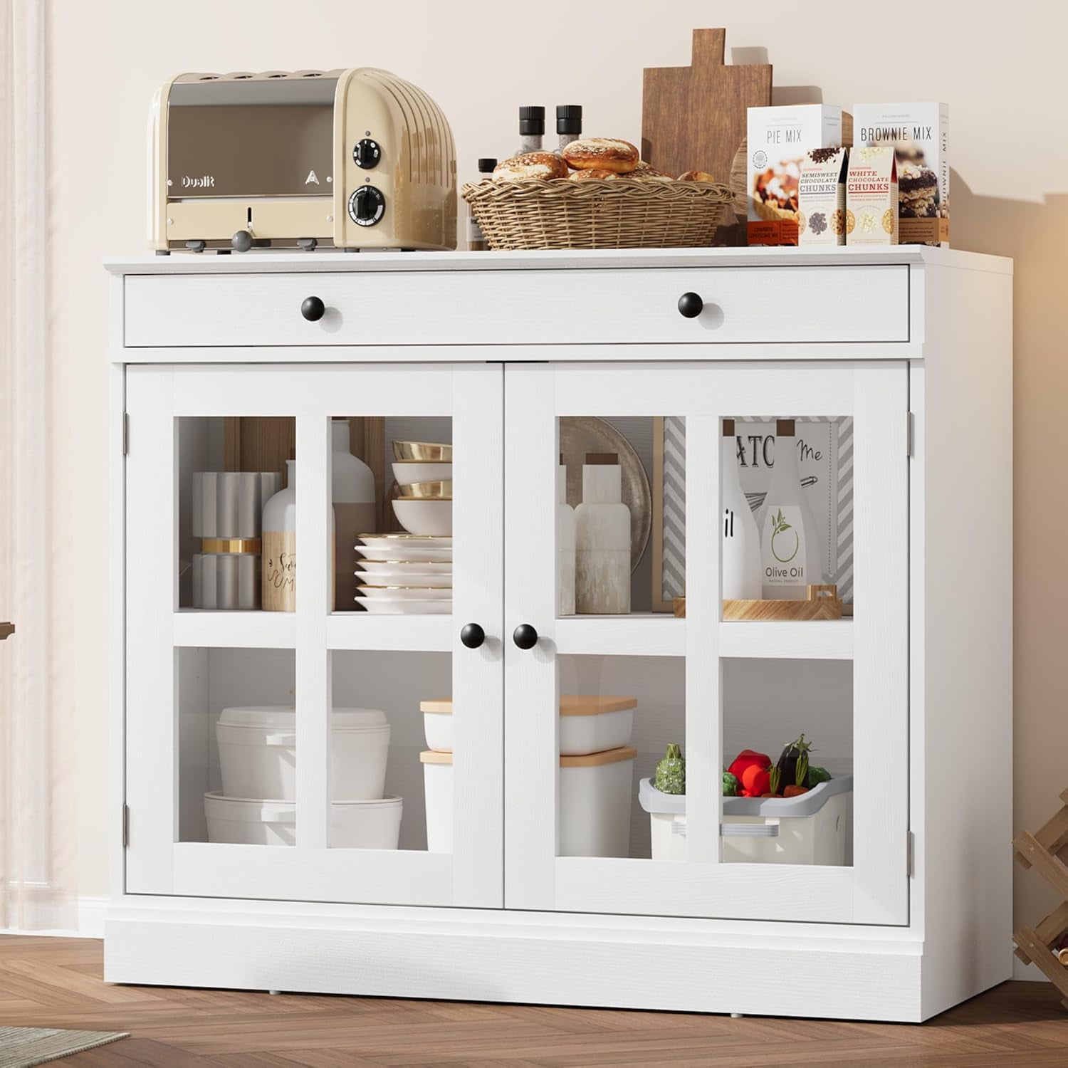 White Modern Sideboard Buffet Cabinet with Glass Doors and Drawer