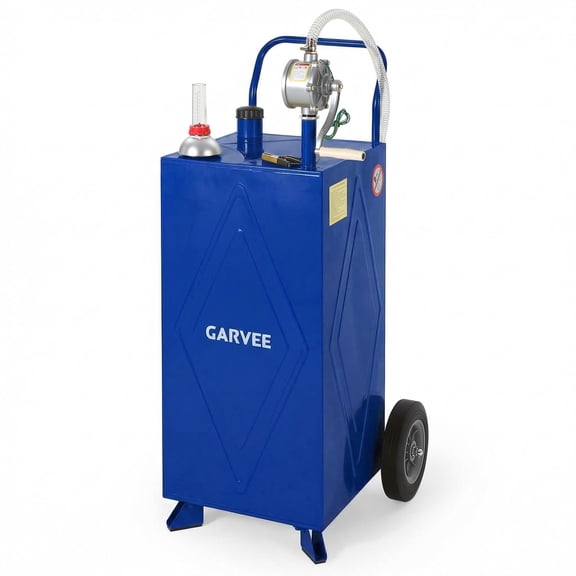 Garvee 35 Gallon Fuel Gas Caddy Storage Tank,Portable Fuel Transfer Tank with Smooth-Rolling Wheels, Manual Hand Crank Transfer Pump,Blue