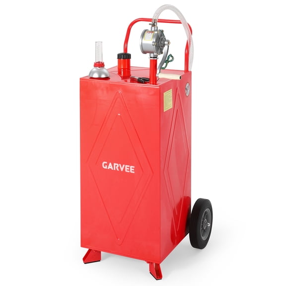 Garvee 35 Gallon Fuel Gas Caddy Storage Tank,Portable Fuel Transfer Tank with Smooth-Rolling Wheels, Manual Hand Crank Transfer Pump,Red