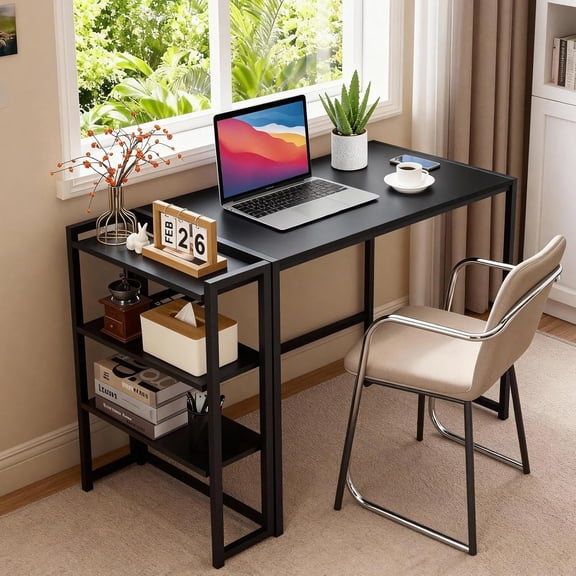 Garvee 35 Inch Folding Desk Writing Computer Desk with Storage Shelf,Spaces Saving Writing Sturdy Table No Assembly Needed, Space-Saving Folding Computer Desk with Storage Shelf,Black