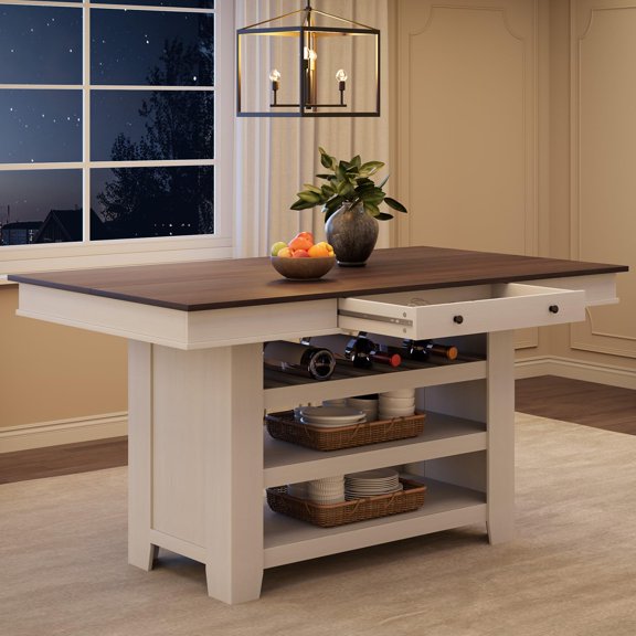 Garvee 36" Farmhouse Counter Height Table with Wine Rack & 2 Drawers - Wooden 4-6 Person Bar Height Kitchen Table with Storage Shelves - Rectangular Pub Style-Brown&White