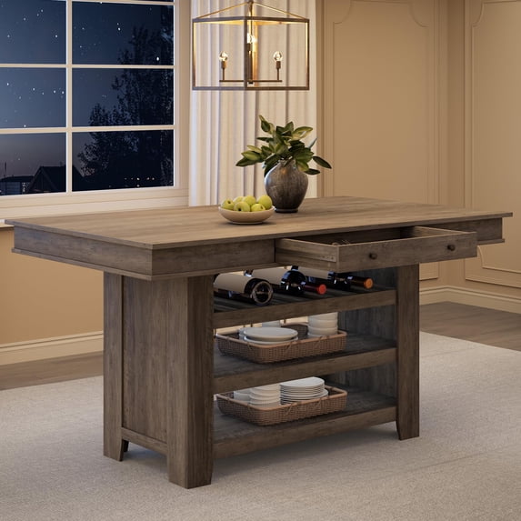 Garvee 36" Farmhouse Counter Height Table with Wine Rack & 2 Drawers - Wooden 4-6 Person Bar Height Kitchen Table with Storage Shelves - Rectangular Pub Style-Gray