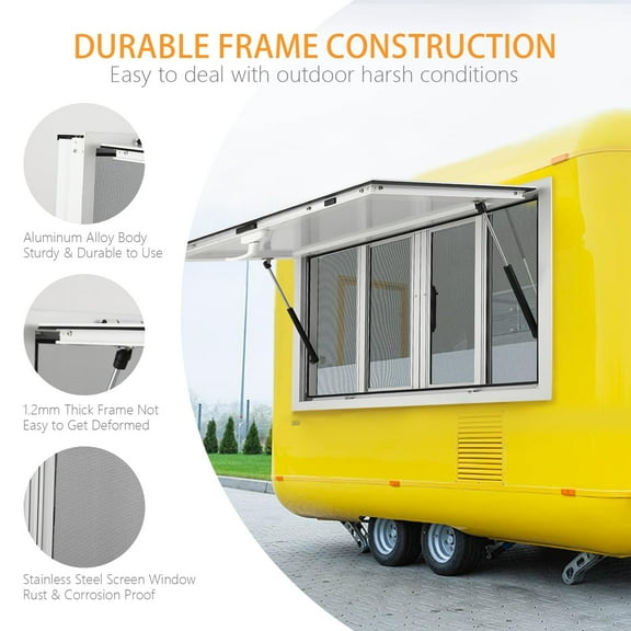 Garvee 36" x 24" Aluminum Alloy Concession Window for Food Trucks – 4 Sliding Screen Windows, Protective Awning, Drag Hook, and 85-Degree Opening for Mobile Catering and Concession Trailers