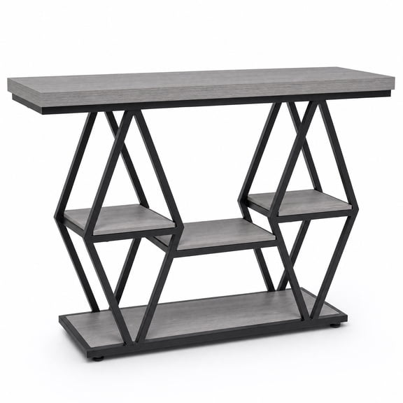 Garvee 39.4" 3-Tier Diamond Frame Console Table with Open Shelves, Grey
