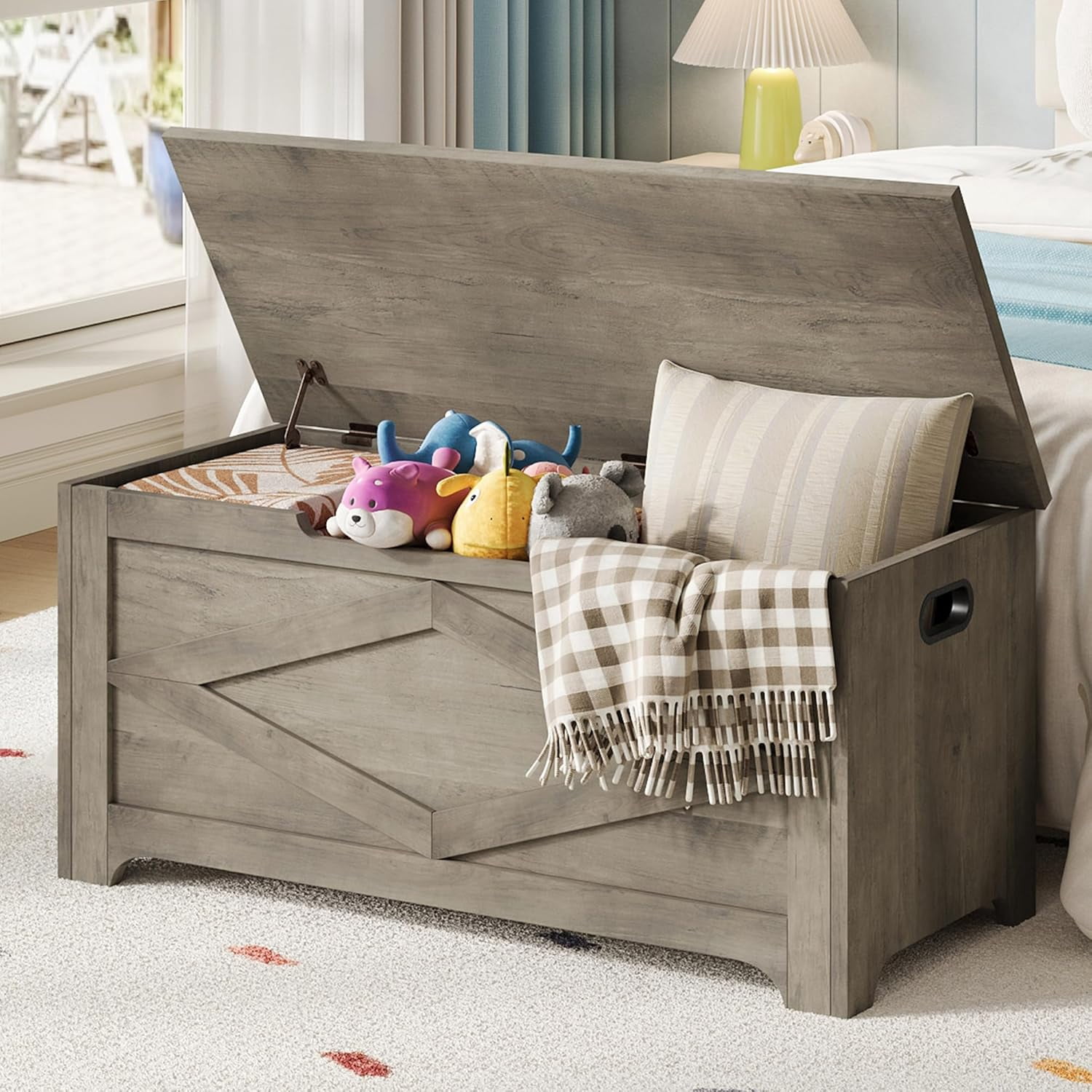 Garvee 39.4" Wooden Storage Chest with Safety Hinges, Large Storage Bench and Toy Box for Entryway, Living Room, or Bedroom, Easy to Assemble, Grey