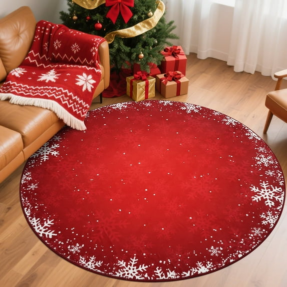 Garvee 3ft Christmas Round Rugs Washable Xmas Decoration Carpet, Non Slip Snowflake Winter Holiday Accent Rug for Living Room Bedroom Home Decor, Red