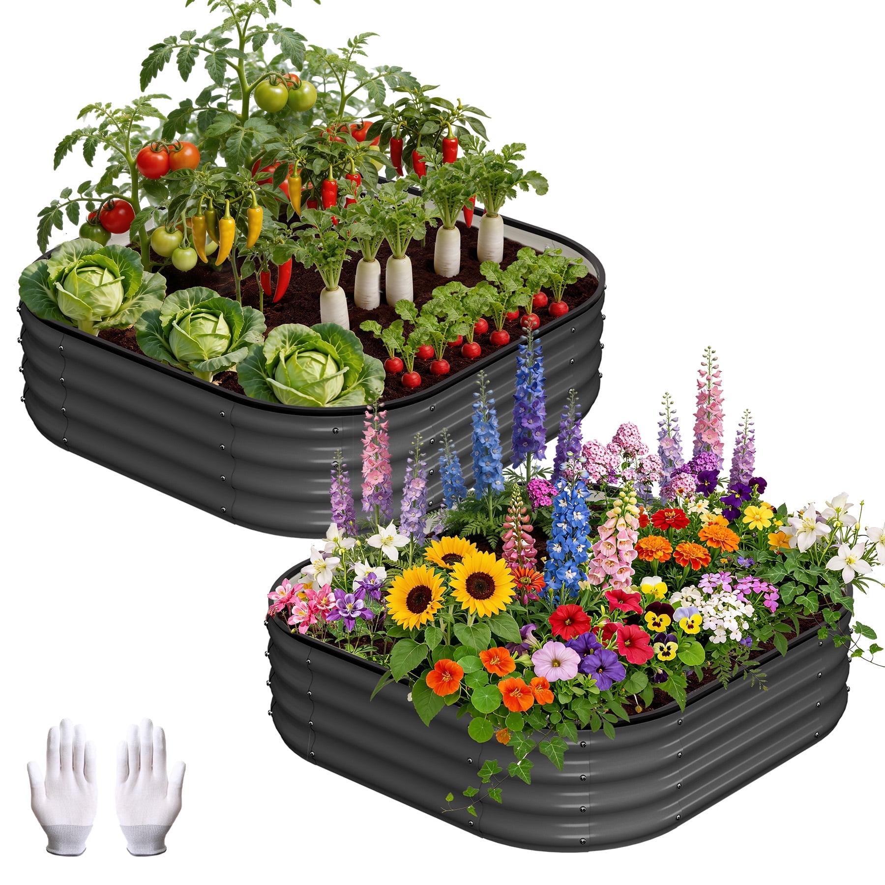 Garvee 3x3x1FT Raised Garden Bed, 2-Pack Metal Planter Boxes, Extra Large Oval Raised Bed for Vegetables Flowers Fruits, Modern Gray Outdoor Kit