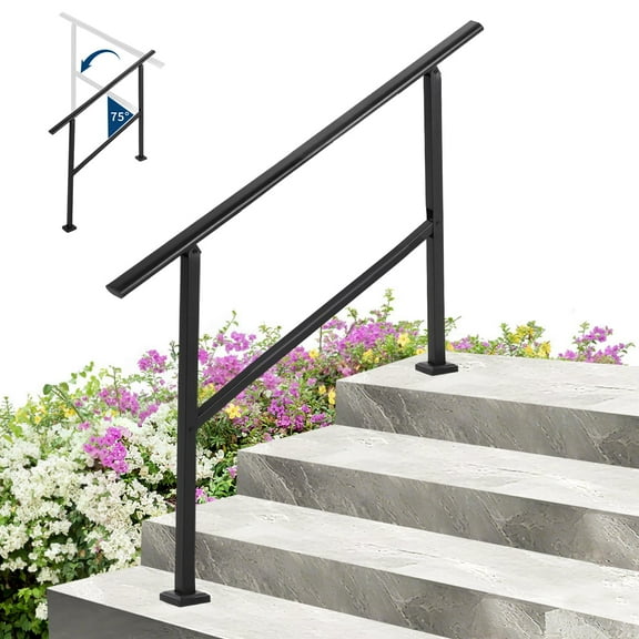Garvee 4 Step Hand Rails for Outdoor Steps, Metal Stair Railing Handrail, 75° Adjustable Black Hand Railings for Porch Deck Garden, Complete Stair Railing Kit Black