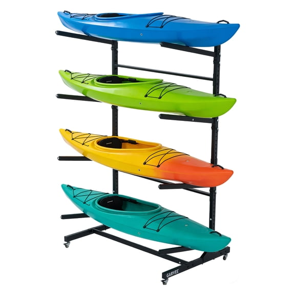 Garvee 4-Tier Kayak Storage Rack, Heavy Duty Freestanding Outdoor Stand with Lockable Wheels & Hanging Straps, Black