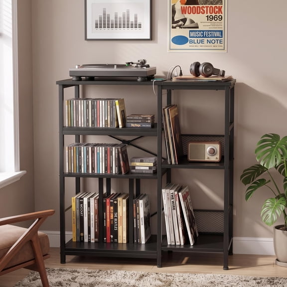Garvee 4-Tier Vintage Record Player Stand with 300+ Vinyl Storage – Rustic Brown Entertainment Console for Living Room – Black