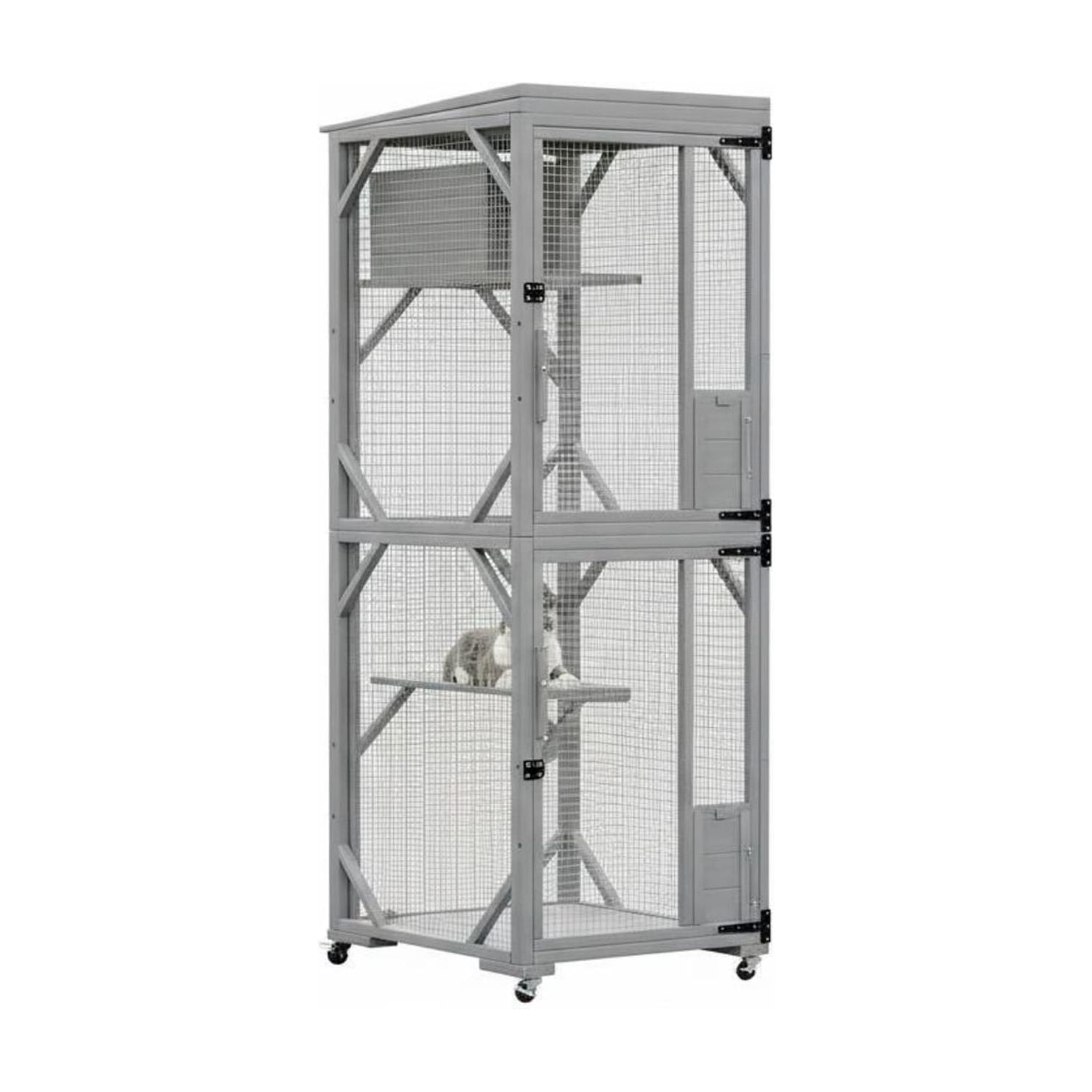 Garvee 4 Tiers Catio 32.3 x 31.8 x 74.8", Outdoor Cat Enclosure, with 4 Wheels, Gray
