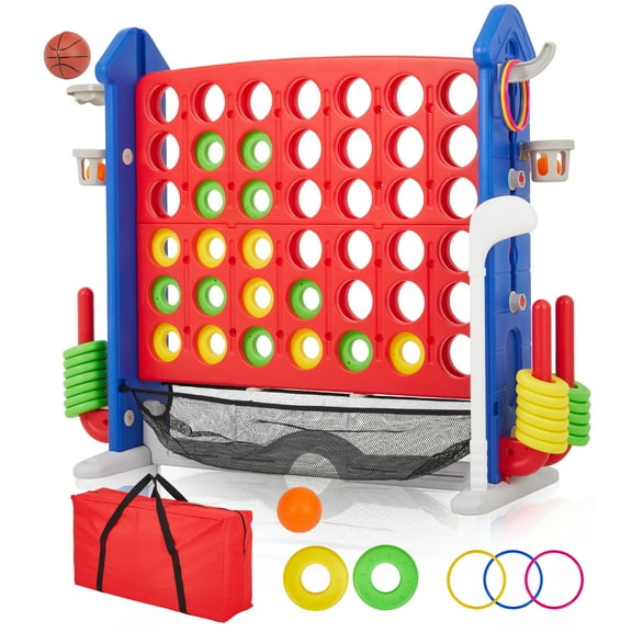 Garvee 4-in-A Row Giant Game Set w/Adjustable Height Board Jumbo, Mini Basketball,Golf & Ring Toss Set for Family Party, Outdoor & Indoor