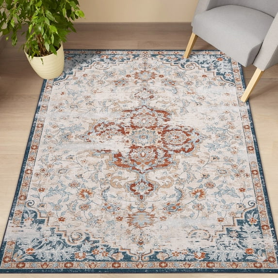 Garvee 4' x 6' Area Rug Persian Medallion Distressed Rug Floral Print Oriental Rug Foldable Thin Chenille Floor Cover for Living Room Bedroom, Beige/Red
