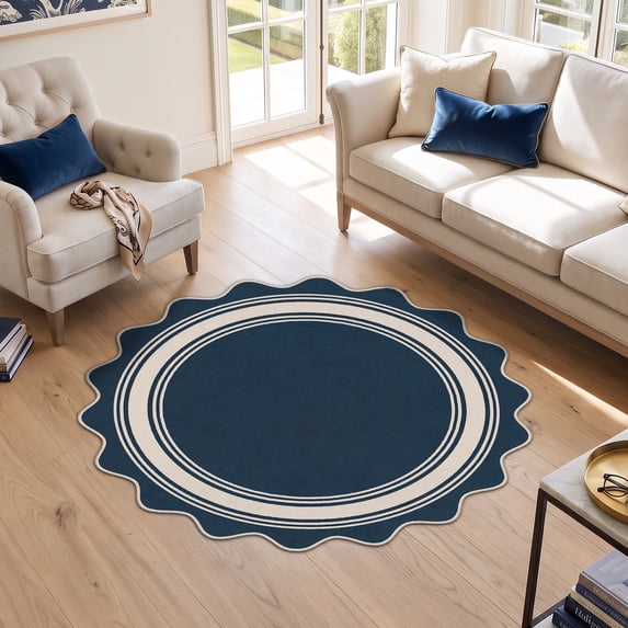 Garvee 4'x4' Scalloped Washable Round Area Rug Natural Jute Carpet, Non Slip Low Pile Rug for Patio, Living Room, Bedroom, Home Decor, Blue