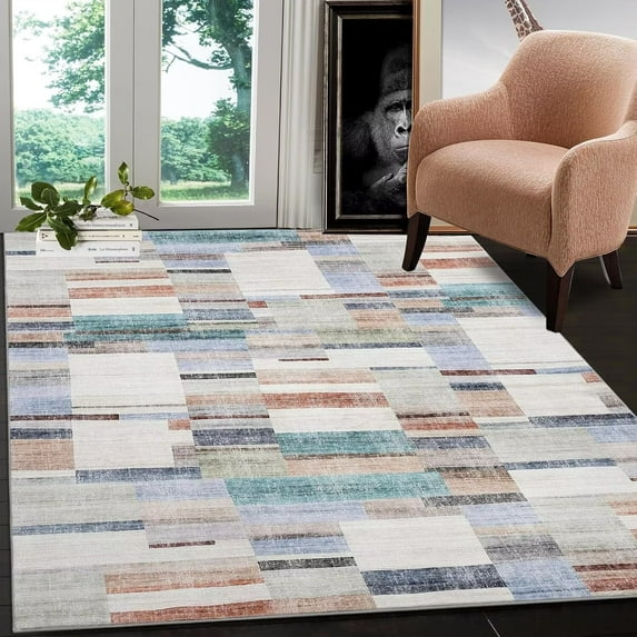 Garvee 4'x6' Area Rug Modern Geometric Farmhouse Color-Block Rug Anti-Slip Non-Shedding Soft Throw Rug Home Floor Decoration, Multi