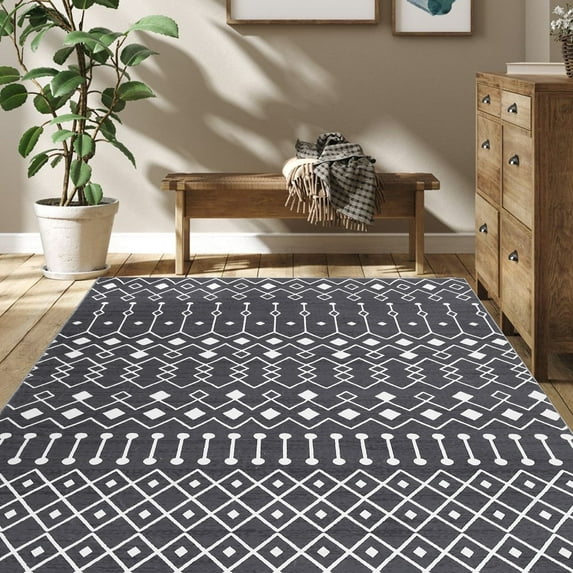Garvee 4'x6' Area Rug Modern Geometric Moroccan Rug Washable Rug Bohemian Rugs Anti-Slip Low Pile Throw Rugs, Black