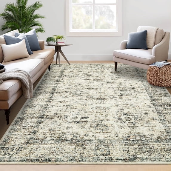 Garvee 4'x6' Area Rugs Vintage Persian Floral Rug, Non-Slip Backing Washable Rugs, Low Pile Distressed Indoor Carpet for Living Room Bedroom Home Office, Beige