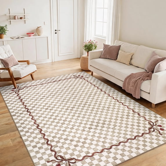 Garvee 4'x6' Checkered Cherry Area Rug Washable Border Carpet, Soft Non-Slip Low Pile Farmhouse Rug for Living Room Bedroom Home Office, Light Brown