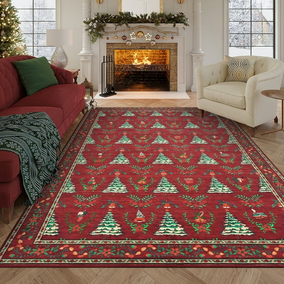 Garvee 4'x6' Christmas Area Rug Bordered Printed Rugs, Washable Xmas Rugs Non-Slip Stain Resistant Carpet Holiday Decorative Indoor Mats for Living Room Bedroom Home Office, Red