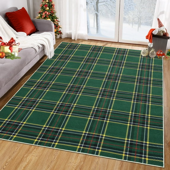 Garvee 4'x6' Christmas Area Rug Washable Plaid Living Room Rug, Non-Slip Stain Resistant Rugs Holiday Home Decor Indoor Floor Mat for Bedroom Dining Room, Green