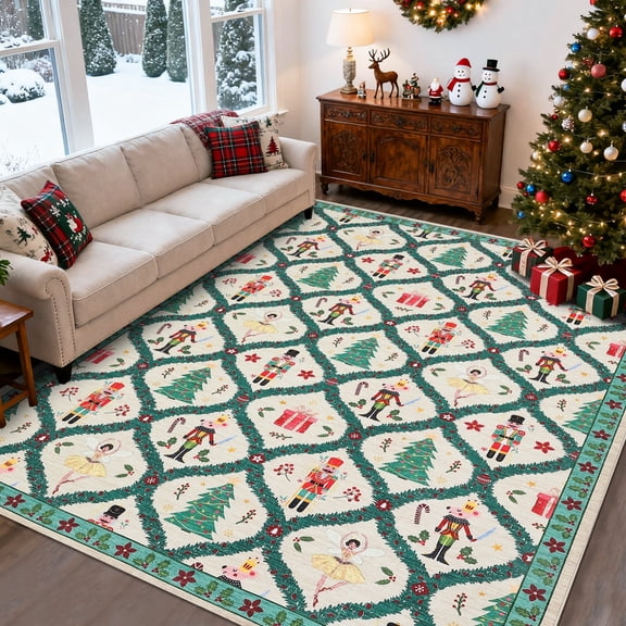 Garvee 4'x6' Christmas Area Rugs Nutcracker Print Carpet, Washable Rug Xmas Decorative Accent Indoor Mats with Non-Slip Backing for Living Room Bedroom Office, Beige
