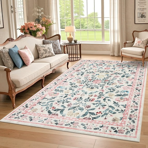 Garvee 4'x6' Living Room Rug Floral Print Area Rug, Washable Vintage Rug Low Pile Farmhouse Carpet Stain Resistant Indoor Rugs for Dining Room Bedroom Nursery, Pink