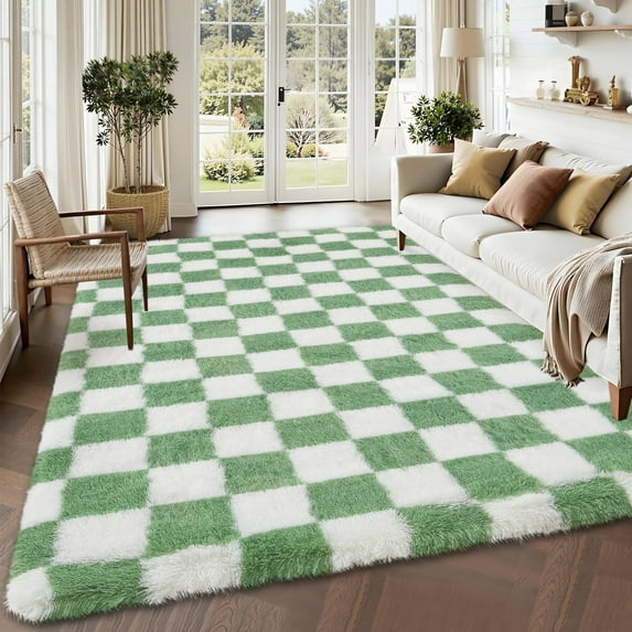 Garvee 4'x6' Fluffy Area Rugs Soft Luxury Shag Carpet, Modern Checkered Shaggy Rugs Christmas Rug with Non Slip Backing for Living Room Bedroom Home Decor, Green