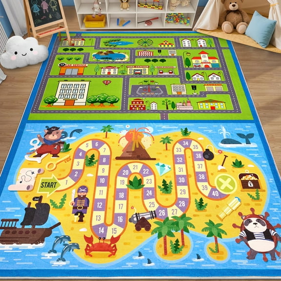 Garvee 4'x6' Kid Rug Carpet City Road Race Track Kids Play Rug, Pirate Theme Washable Non-Slip Playroom Rugs Carpet for Kids Room Playroom Classroom Decor