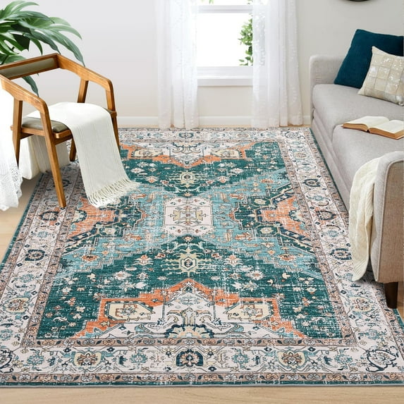 Garvee 4'x6' Living Room Rugs Boho Area Rug Vintage Floral Distressed Rug Persian Rug Stain-Resistant Carpets, Blue/Green