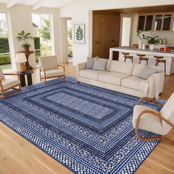 Garvee 4'x6' Modern Bordered Area Rug Geometric Braided Printed Carpet, Washable Non Slip Rug Soft Low Pile Indoor Mats for Living Room Bedroom Home Office, Dark Blue