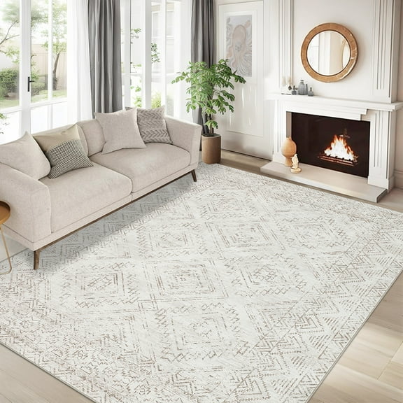 Garvee 4'x6' Modern Geometric Area Rug Washable Distressed Accent Carpet, Non Slip Rug Ultra-Soft Contemporary Indoor Floor Mat for Living Room Bedroom Home Decor, White