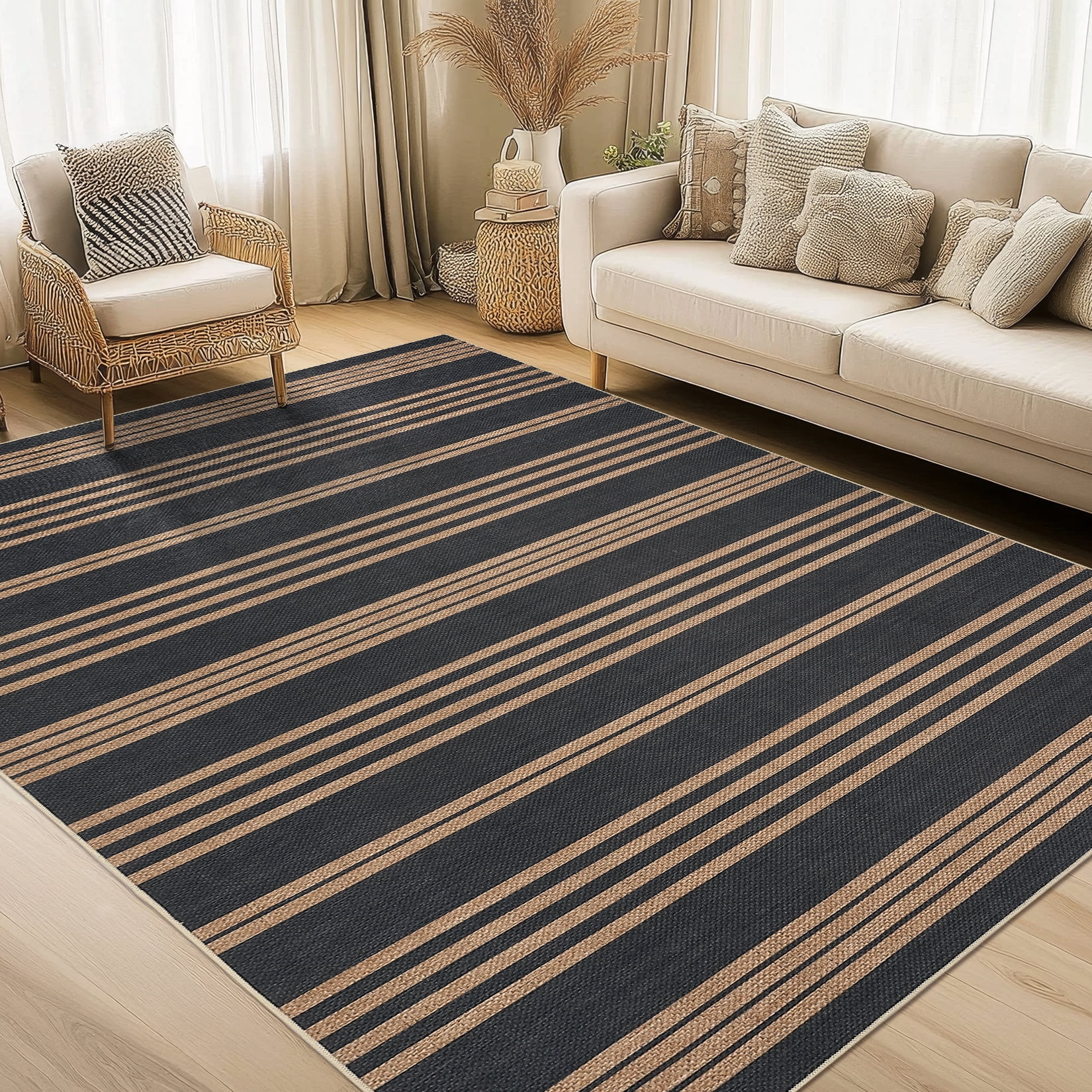 Garvee 4'x6' Modern Striped Area Rugs Easy Jute Rug with Non-Slip Backing, Washable Rug Neutral Print Indoor Outdoor Carpet for Bedroom Living Room Patio, Black Coffee