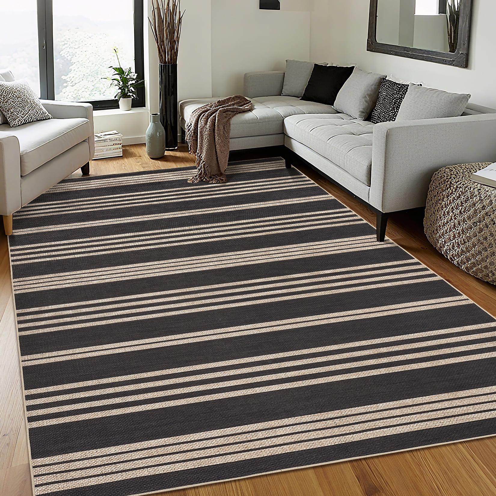 Garvee 4'x6' Modern Striped Area Rugs Easy Jute Rug with Non-Slip Backing, Washable Rug Neutral Print Indoor Outdoor Carpet for Bedroom Living Room Patio, Black White