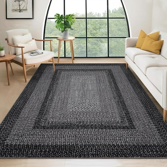 Garvee 4'x6' Printed Braided Rugs Farmhouse Bordered Carpet, Machine Washable Indoor Area Rug Non-Slip Low Pile Rugs for Living Room Bedroom Home Decor, Black